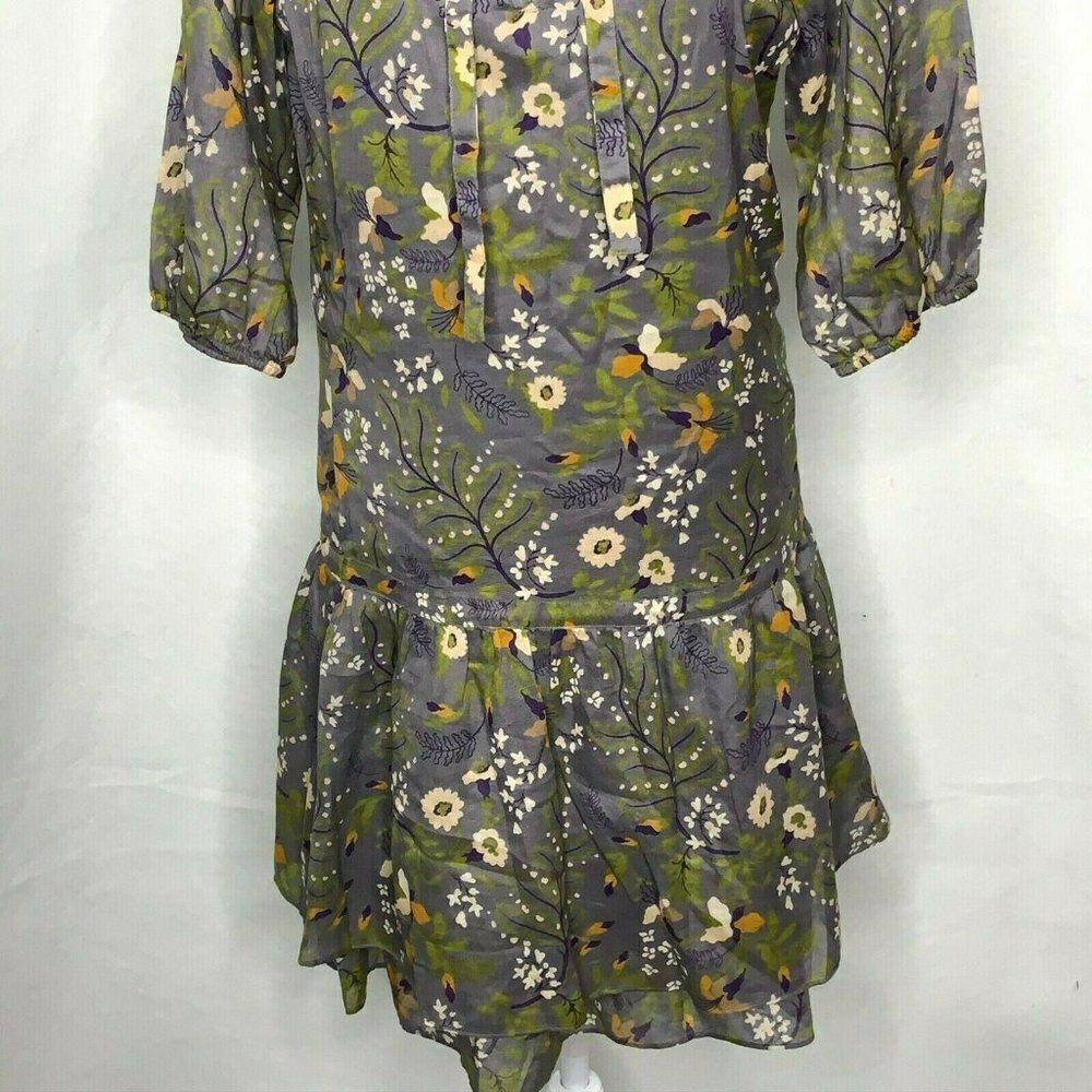 Gap Floral Shift Dress S Grey 3/4 Sleeves Tie Keyhole Neck Lined Tiered Ruffle - Picture 3 of 8
